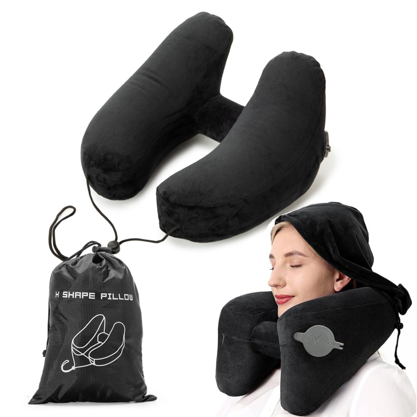 Ouwald Inflatable Travel Pillow - H-Shape Inflatable Neck Pillow for Travel - Neck Support Travel Neck Pillow for Airplane Travel Pillow with Hood Hat, Black