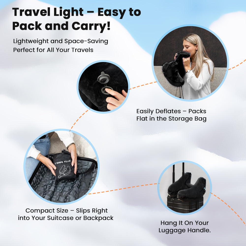 Ouwald Inflatable Travel Pillow - H-Shape Inflatable Neck Pillow for Travel - Neck Support Travel Neck Pillow for Airplane Travel Pillow with Hood Hat, Black