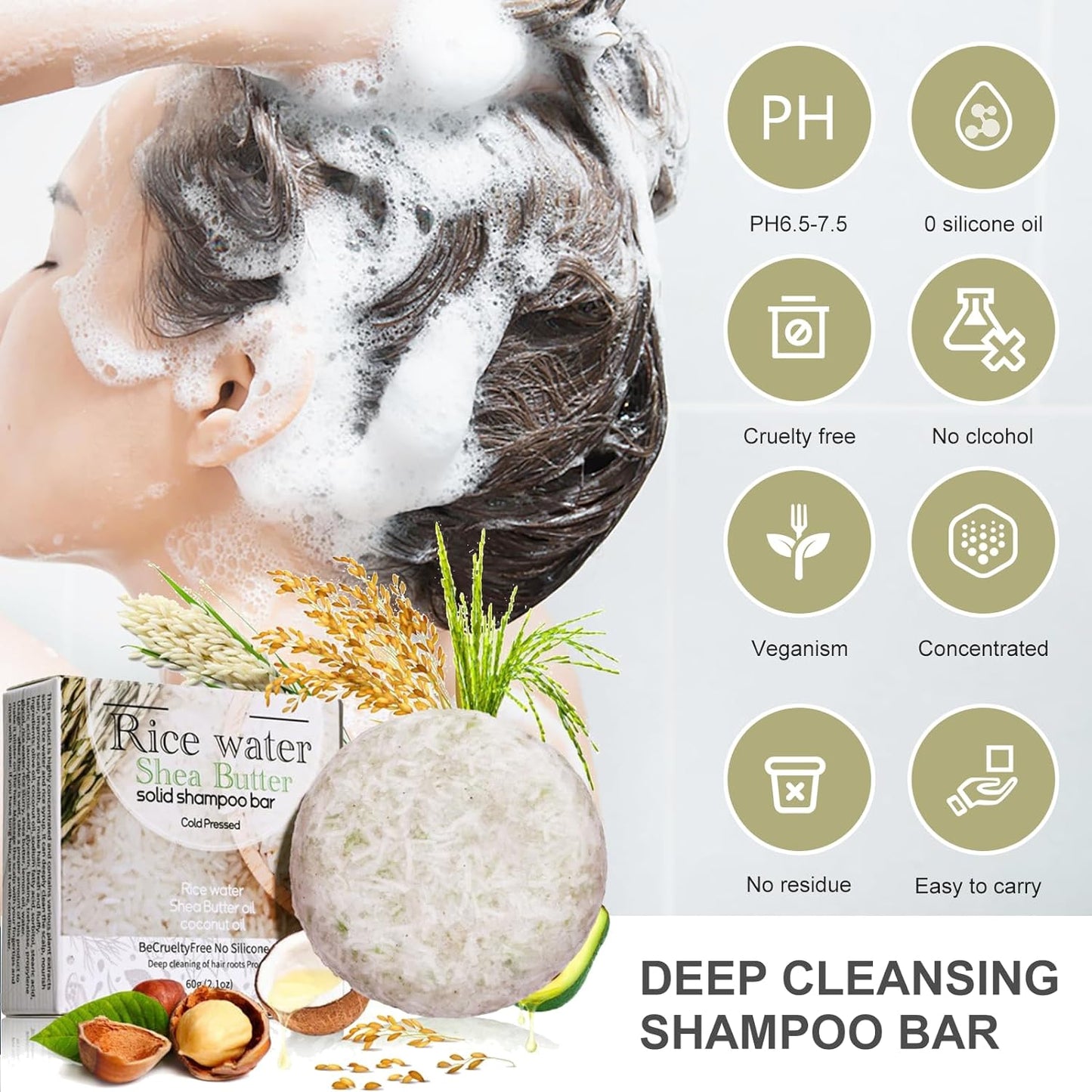 Natural Rice Water Shampoo Bar for Silky Hair Growth, Essence Hair Growth and Darkening Shampoo Soap, Ideal for the Elderly, Children, Women Hair Care