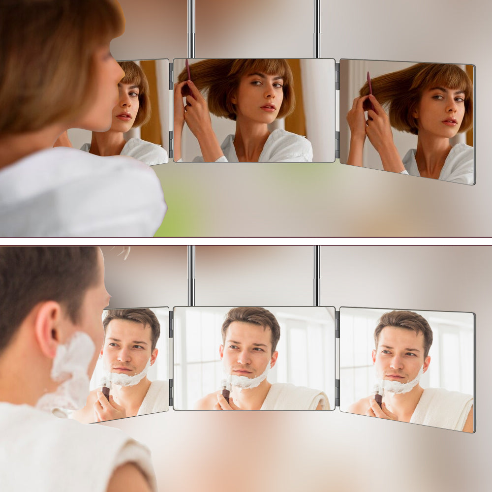 Ouwald 3 Way Mirror, 360° 3 Way Trifold Haircut Mirror with Height Adjustable Telescoping Hooks for Makeup, Hair Styling, Shaving, Grooming, Dye Hair, Self Hair Cutting (Black)