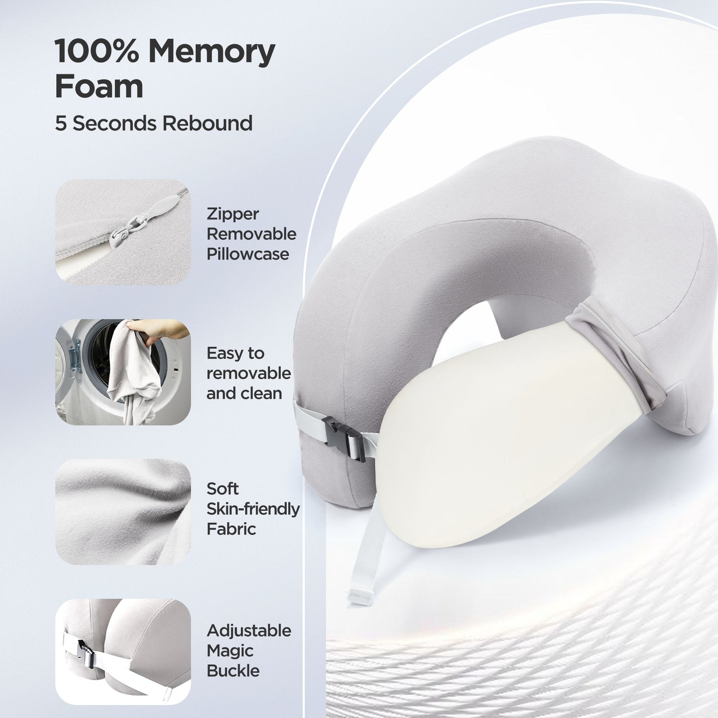 Ouwald Travel Pillow, Memory Foam Travel Neck Pillow, 360° Head & Neck Support Neck Pillow for Traveling, Car, Home, Airplane Pillow Sleeping, Grey