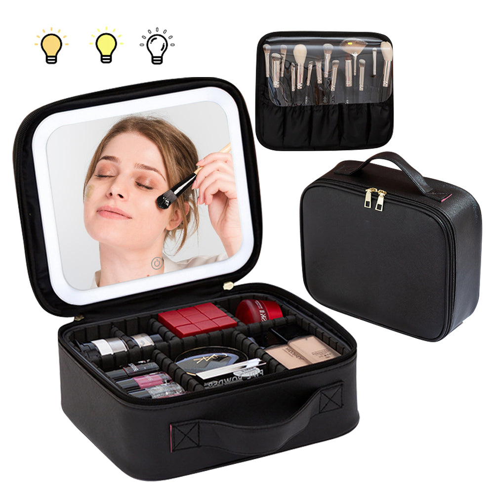 Ouwald Travel Makeup Bag with LED Lighted Mirror, Make up Bag with Adjustable 3 Color Setting, Makeup Organizer Box with Adjustable Dividers for Women Beauty Gift, Rechargeable Makeup Case (Black)
