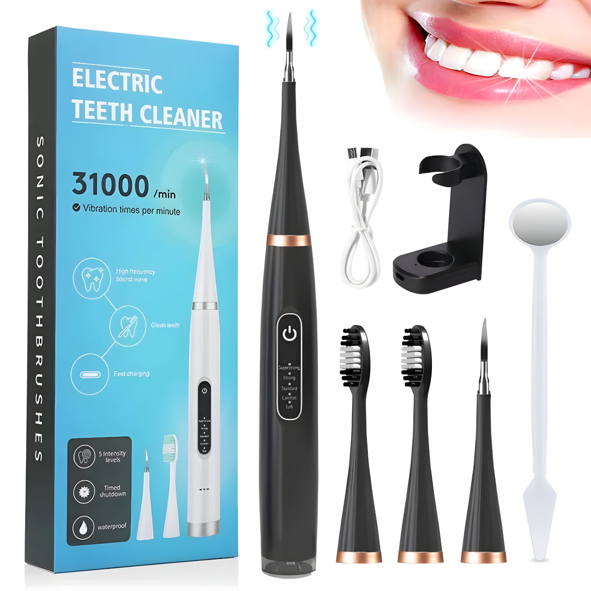 Mieauty 2 In1 Electric Ultrasonic Dental Calculus Remover with 5 Modes, IPX7 Waterproof Rechargeable High Frequency Vibration Electric Toothbrush for Travel & Home Teeth Cleaning Set & Whitening Kit