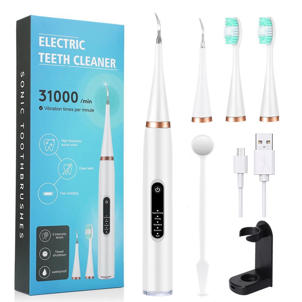 Electric Tooth Cleaning Instrument - Portable Teeth Cleaner, Electric Tooth Cleaner, 4 Levels Adjustable, 5 Modes, Electric Toothbrush Kit for Travel Household (White Set)