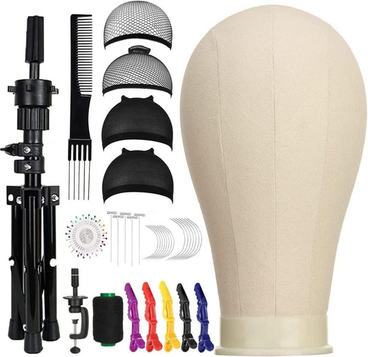 23 Inch Canvas Block Wig Head, Wig Stand Tripod with Head, Mannequin Head for Wigs, Manikin Head Block for Wigs Making Display with Wig Caps, T Pins C Bristle Brush