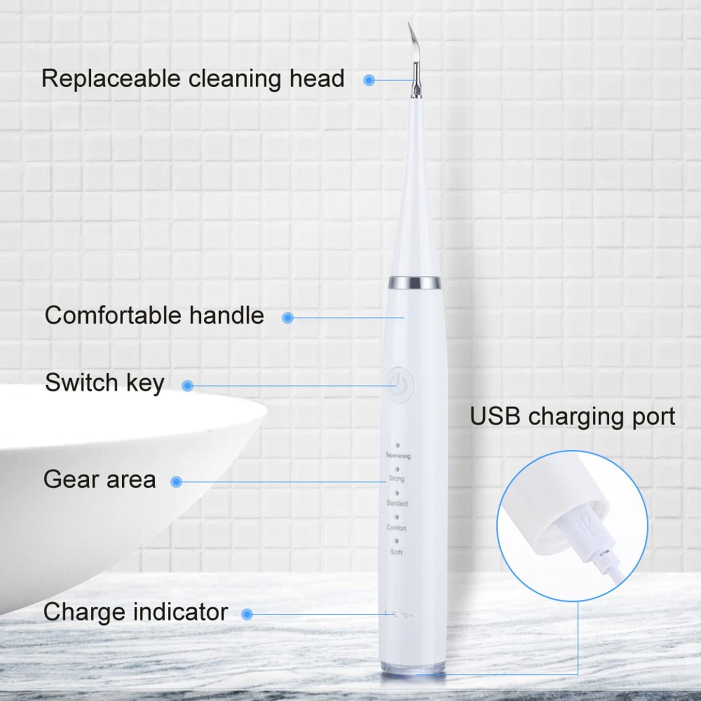 Electric Tooth Cleaning Instrument - Portable Teeth Cleaner, Electric Tooth Cleaner, 4 Levels Adjustable, 5 Modes, Electric Toothbrush Kit for Travel Household (White Set)