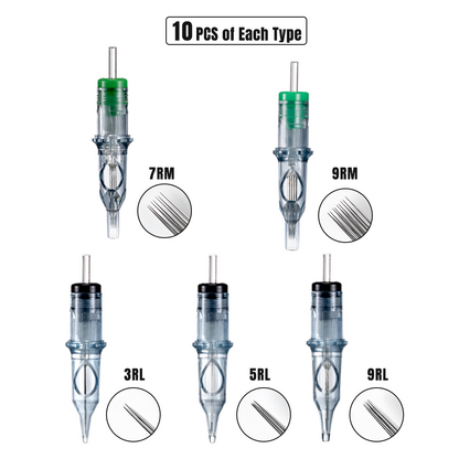 50PCS Disposable Tättoo Cartridges Round Liner Tips Assorted Sizes 0.35mm RL+RM Mix 3RL, 5RL, 9RL, 7RM, 9RM for Artist (50pcs #12 Standard RL+RM)