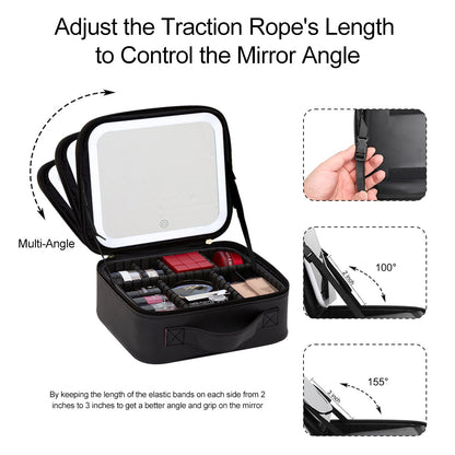 Ouwald Travel Makeup Bag with LED Lighted Mirror, Make up Bag with Adjustable 3 Color Setting, Makeup Organizer Box with Adjustable Dividers for Women Beauty Gift, Rechargeable Makeup Case (Black)