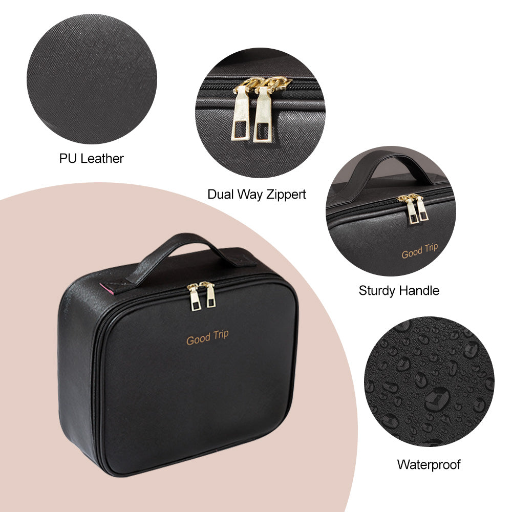 Ouwald Travel Makeup Bag with LED Lighted Mirror, Make up Bag with Adjustable 3 Color Setting, Makeup Organizer Box with Adjustable Dividers for Women Beauty Gift, Rechargeable Makeup Case (Black)