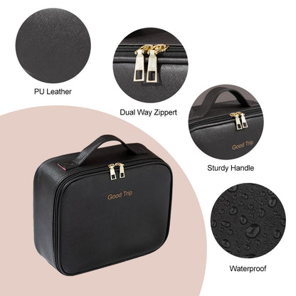 Ouwald Travel Makeup Bag with LED Lighted Mirror, Make up Bag with Adjustable 3 Color Setting, Makeup Organizer Box with Adjustable Dividers for Women Beauty Gift, Rechargeable Makeup Case (Black)