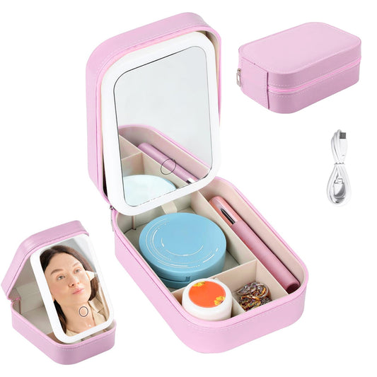 Sextupole Makeup Bag With Led Mirror, Travel Makeup Case with 3-Color Adjustable Light Mirror, 1200mAh Rechargeable LED Makeup Mirror Organizer Bag, Portable Make up Case for Women Gift, Pink