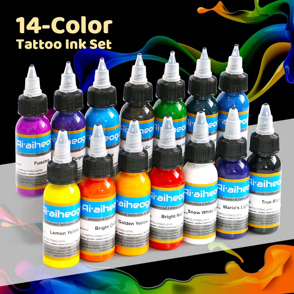 14 Pieces Tättooed Ink 14 Color Set 1oz 30ml/Bottle Tättooing Ink Pigment Kit for 3D Makeup Beauty Skin Body Art.