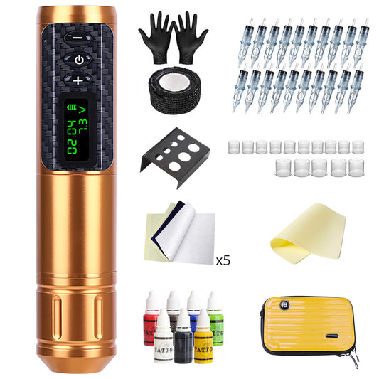 Mieauty Wireless Tättoo Machine Kit with LED Screen, Rechargeable Battery Powered Cordless Tättoo Pen Set for Professional Tättoo Artists and Beginners, Gold