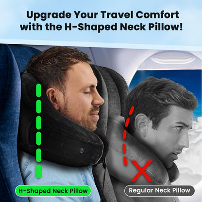 Ouwald Inflatable Travel Pillow - H-Shape Inflatable Neck Pillow for Travel - Neck Support Travel Neck Pillow for Airplane Travel Pillow with Hood Hat, Black
