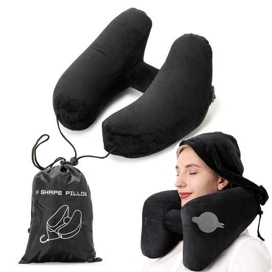 Ouwald Inflatable Travel Pillow - H-Shape Inflatable Neck Pillow for Travel - Neck Support Travel Neck Pillow for Airplane Travel Pillow with Hood Hat, Black