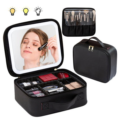Ouwald Travel Makeup Bag with LED Lighted Mirror, Make up Bag with Adjustable 3 Color Setting, Makeup Organizer Box with Adjustable Dividers for Women Beauty Gift, Rechargeable Makeup Case (Black)