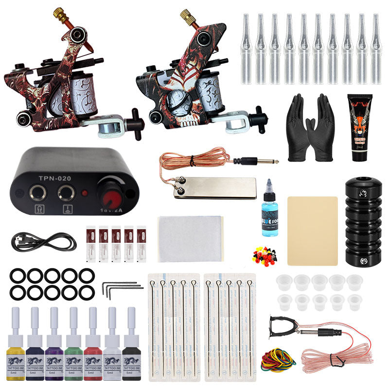 Pro Complete Tättooed Kit - Two Tättooing Machines Gun with Power Supply, Color Inks ,10pcs Nedles Grips Tips Practice Skins - Tättooed Machines Set for Beginners & Tättooed Aritsts