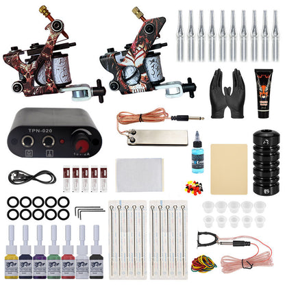Pro Complete Tättooed Kit - Two Tättooing Machines Gun with Power Supply, Color Inks ,10pcs Nedles Grips Tips Practice Skins - Tättooed Machines Set for Beginners & Tättooed Aritsts