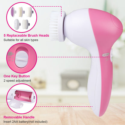 Sextupole Facial Cleansing Brush Face Scrubber 5in1 Electric Exfoliating Spin Cleanser Device Waterproof Deep Cleaning Exfoliation Rotating Spa Machine